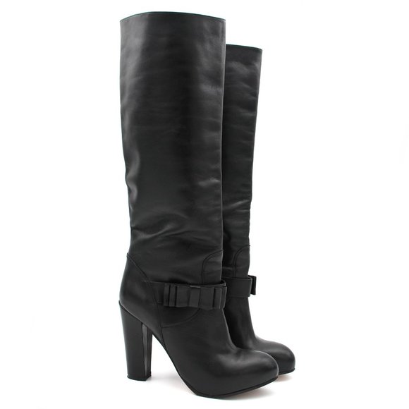 RED Valentino Shoes - Red Valentino Black Leather Betty Bow Knee High Boots Block Heel Point Toe 36.5